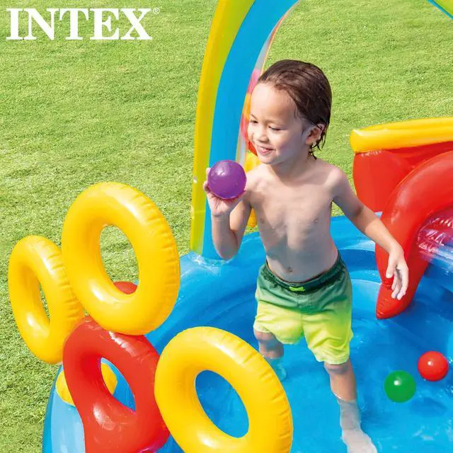 Alt view image 5 of 7 - Intex 57453EP 9.75 Foot x 6.3 Foot x 53 Inch Multicolor Rainbow Slide Kids Inflatable Pool with Water Slide and Ring Toss for Children Ages 2 and Up
