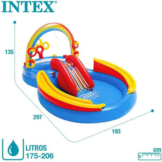 Alt view image 6 of 7 - Intex 57453EP 9.75 Foot x 6.3 Foot x 53 Inch Multicolor Rainbow Slide Kids Inflatable Pool with Water Slide and Ring Toss for Children Ages 2 and Up
