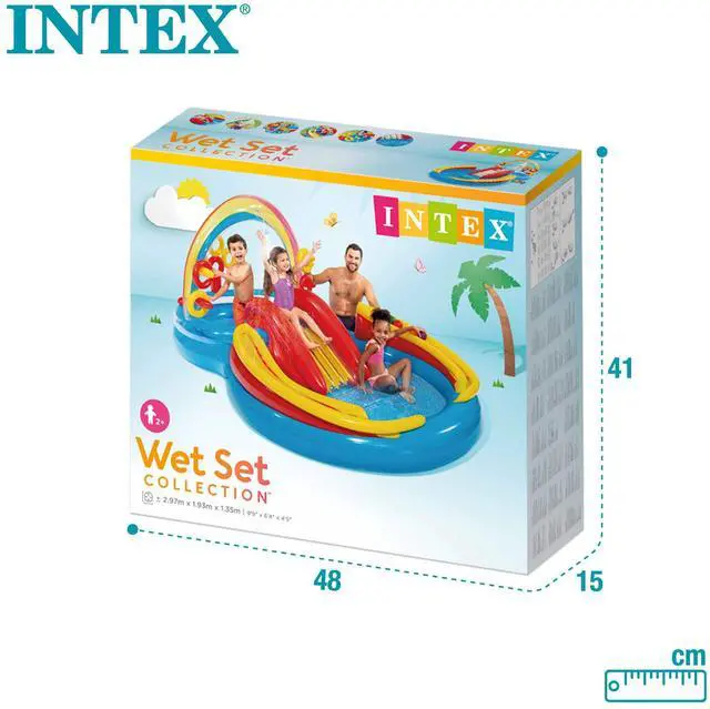 Alt view image 7 of 7 - Intex 57453EP 9.75 Foot x 6.3 Foot x 53 Inch Multicolor Rainbow Slide Kids Inflatable Pool with Water Slide and Ring Toss for Children Ages 2 and Up