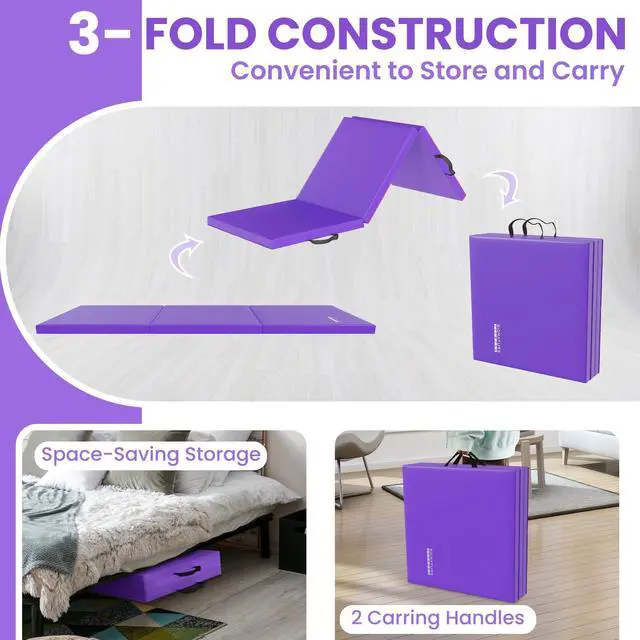 Alt view image 3 of 7 - Folding Exercise Gymnastics Mat, 2'x6'x2" Gym Workout Mat with Carrying Handles 3-Fold High-Density Anti-Tear Portable Fitness Aerobics Mats for Home Gym Yoga Pilates Tumbling MMA Core Training