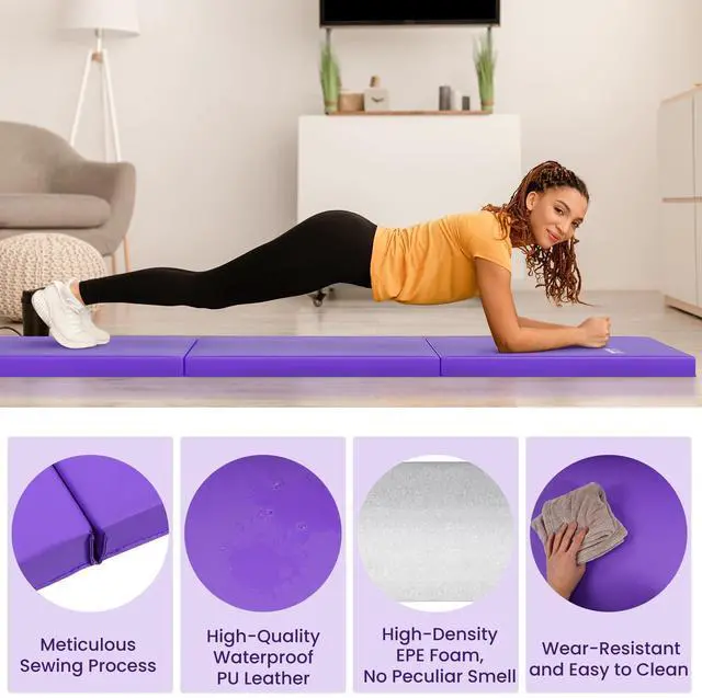 Alt view image 5 of 7 - Folding Exercise Gymnastics Mat, 2'x6'x2" Gym Workout Mat with Carrying Handles 3-Fold High-Density Anti-Tear Portable Fitness Aerobics Mats for Home Gym Yoga Pilates Tumbling MMA Core Training
