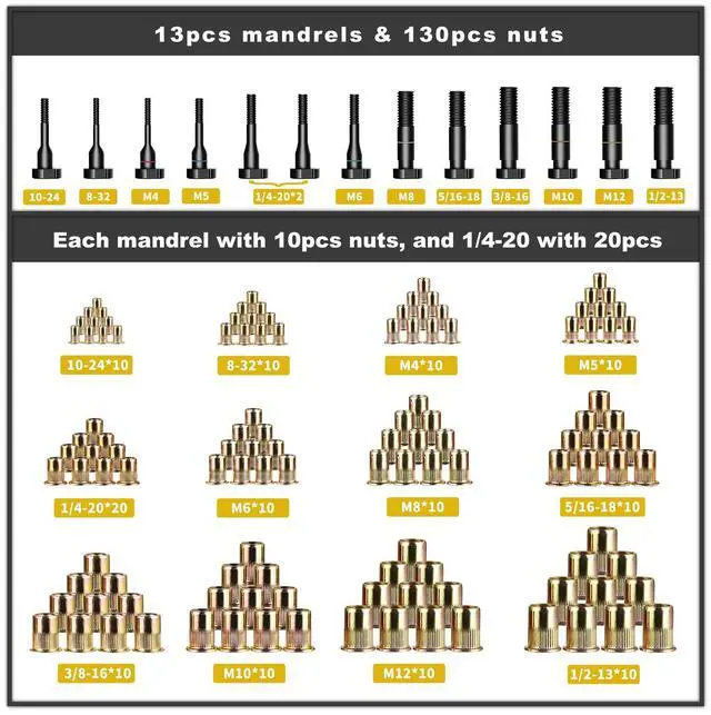 Alt view image 3 of 6 - IMQUALI Rivet Nut Tool Rivet Nut Kit, 16" Rivnut Tool Kit with 13 Metric & SAE Mandrels Rivet Nut Assortment Kit with 130 Rivet Nuts, Hand Riveters Nutsert Tool Kit with Durable Blow Molded Case