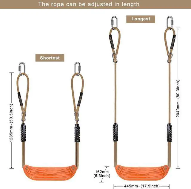 Alt view image 2 of 6 - BeneLabel Non-Slip Swing Seat with Adjustable Rope and Carabiners - Heavy Duty Playground Swing Set Accessories for Kids and Adults - 220LB Capacity - Orange