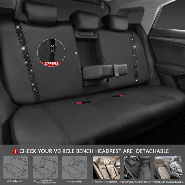 Alt view image 4 of 7 - CAR PASS Leather Bling Diamond Car Seat Covers Full Set, Shining Rhinestone Waterproof Durable Rear with Zipper, Universal Fit Automotive Glitter Crystal Sparkle Strip for Cute Women Girly Black