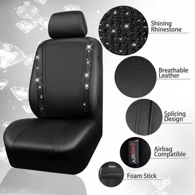 Alt view image 5 of 7 - CAR PASS Leather Bling Diamond Car Seat Covers Full Set, Shining Rhinestone Waterproof Durable Rear with Zipper, Universal Fit Automotive Glitter Crystal Sparkle Strip for Cute Women Girly Black