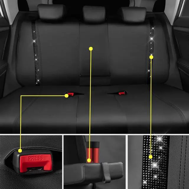 Alt view image 6 of 7 - CAR PASS Leather Bling Diamond Car Seat Covers Full Set, Shining Rhinestone Waterproof Durable Rear with Zipper, Universal Fit Automotive Glitter Crystal Sparkle Strip for Cute Women Girly Black
