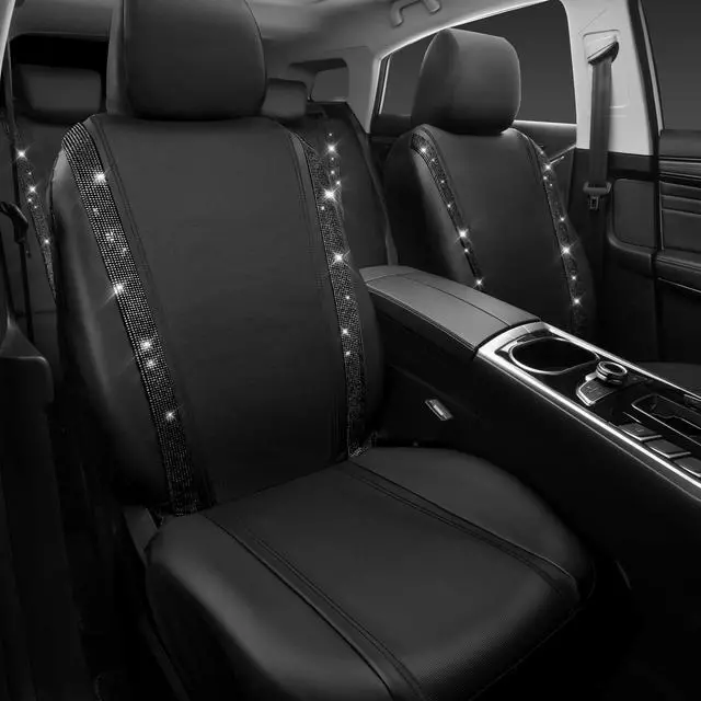 Alt view image 7 of 7 - CAR PASS Leather Bling Diamond Car Seat Covers Full Set, Shining Rhinestone Waterproof Durable Rear with Zipper, Universal Fit Automotive Glitter Crystal Sparkle Strip for Cute Women Girly Black