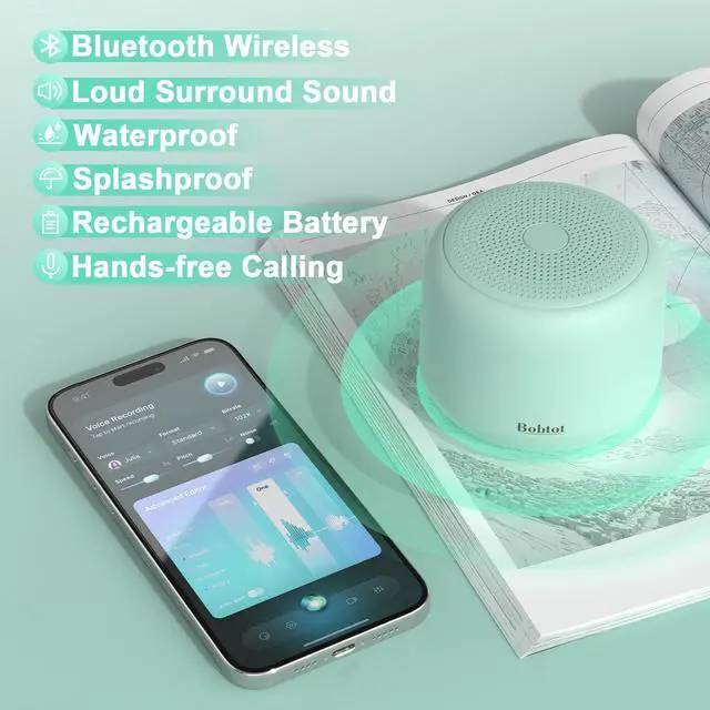 Alt view image 2 of 7 - Bobtot Portable Bluetooth Speakers with Strap Easy to Carry, Wireless IPX5 Waterproof Mini Speaker with Loud Stereo Sound, 20 Hours Playtime, Rechargeable Battery, Built-in Microphone, Green