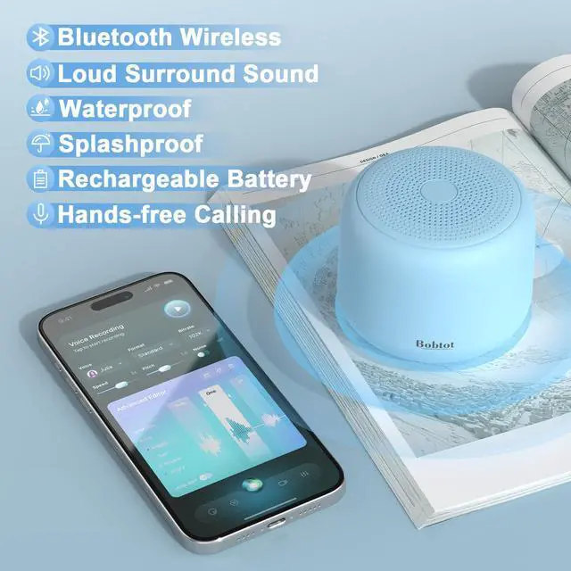 Alt view image 2 of 7 - Bobtot Portable Bluetooth Speakers with Strap Easy to Carry, Wireless IPX5 Waterproof Mini Speaker with Loud Stereo Sound, 20 Hours Playtime, Rechargeable Battery, Built-in Microphone, Blue