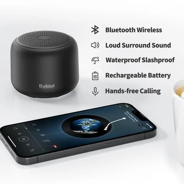 Alt view image 2 of 7 - Bobtot Portable Bluetooth Speakers with Strap Easy to Carry, Wireless IPX5 Waterproof Mini Speaker with Loud Stereo Sound, 20 Hours Playtime, Rechargeable Battery, Built-in Microphone, Black