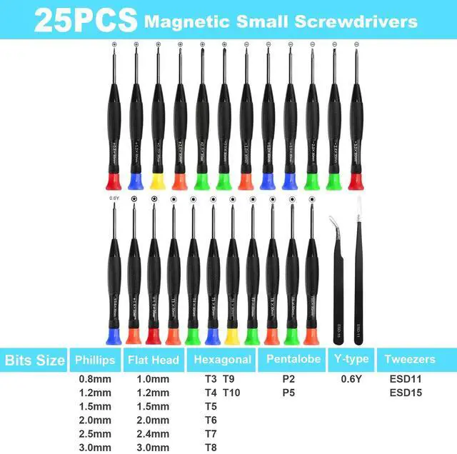 Alt view image 2 of 7 - Precision Screwdriver Set, 25 PCS Small Screwdriver Set Magnetic, with Torx Flathead Phillips Star Pentalobe Y Screwdrivers, ESD Tweezers for Eyeglass Watchmaker Computer PC Electronic Laptop Jewelers
