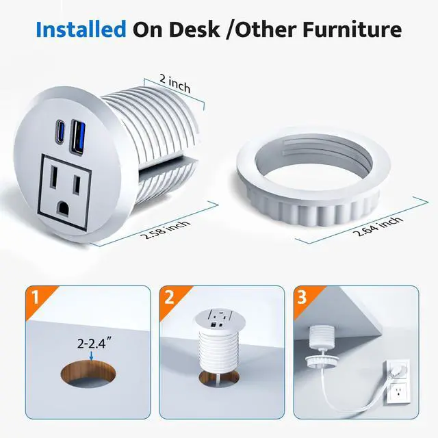 Alt view image 6 of 7 - Recessed Power Grommet with 20W USB C Fast Charging, 2 inch Conference Recessed Outlet,Flush Mount for Desk,Office Tables,Furniture,6FT Cord, 45° Thin Flat Plug, White