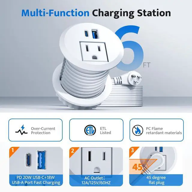 Alt view image 5 of 7 - Recessed Power Grommet with 20W USB C Fast Charging, 2 inch Conference Recessed Outlet,Flush Mount for Desk,Office Tables,Furniture,6FT Cord, 45° Thin Flat Plug, White