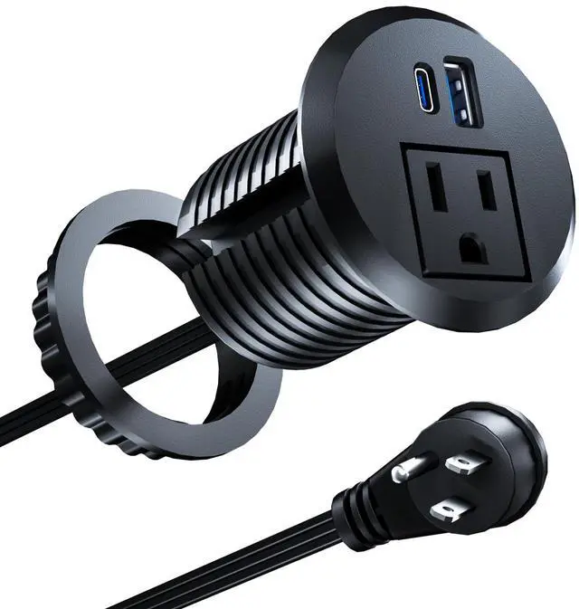 Main image of Recessed Power Grommet with 20W USB C Fast Charging, 2 inch Conference Recessed Outlet,Flush Mount for Desk,Office Tables,Furniture,6FT Cord, 45° Thin Flat Plug (Black, Grommet Outlet)