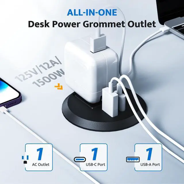 Alt view image 2 of 7 - Recessed Power Grommet with 20W USB C Fast Charging, 2 inch Conference Recessed Outlet,Flush Mount for Desk,Office Tables,Furniture,6FT Cord, 45° Thin Flat Plug (Black, Grommet Outlet)