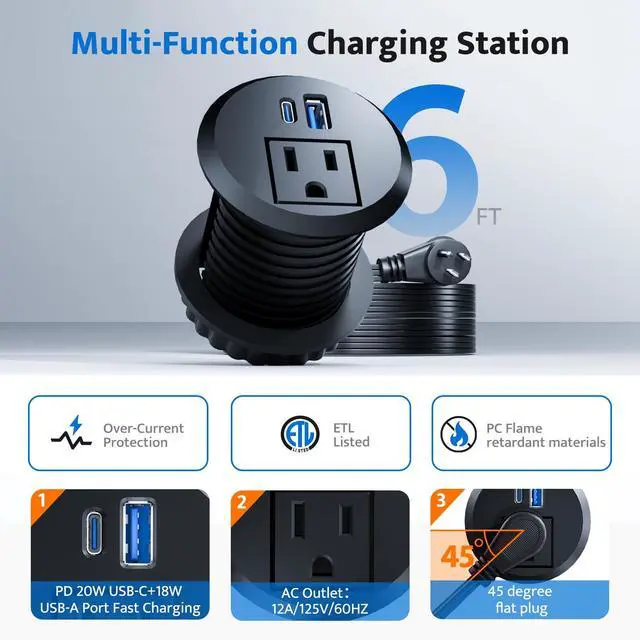 Alt view image 5 of 7 - Recessed Power Grommet with 20W USB C Fast Charging, 2 inch Conference Recessed Outlet,Flush Mount for Desk,Office Tables,Furniture,6FT Cord, 45° Thin Flat Plug (Black, Grommet Outlet)