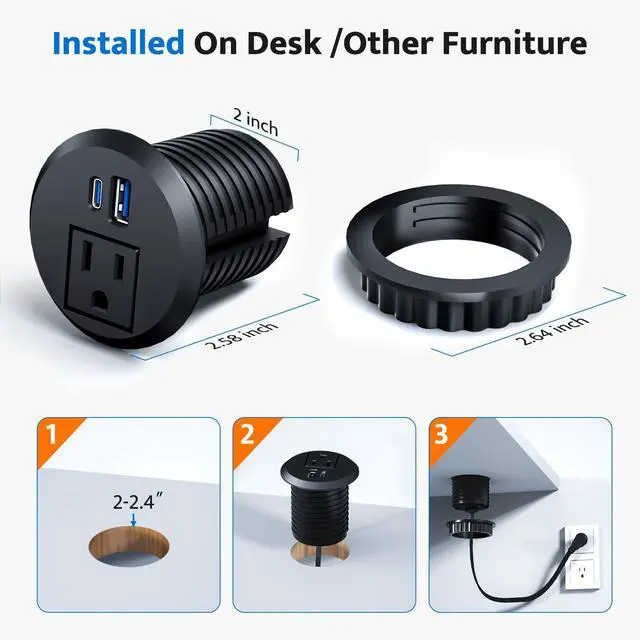 Alt view image 6 of 7 - Recessed Power Grommet with 20W USB C Fast Charging, 2 inch Conference Recessed Outlet,Flush Mount for Desk,Office Tables,Furniture,6FT Cord, 45° Thin Flat Plug (Black, Grommet Outlet)