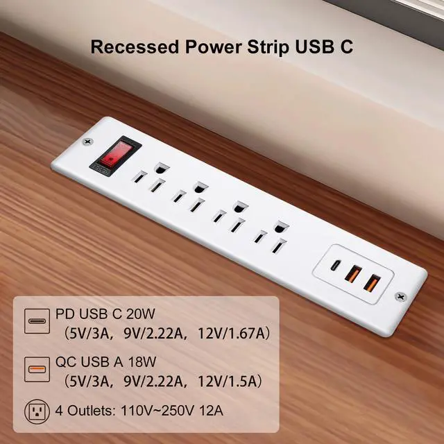 Alt view image 3 of 6 - 4 Outlets Recessed Power Strip with USB C 20W, Fast Charge Desktop Power Outlet Flush Mount Desk Extender 6.56 ft Extension Cord Plug in Furniture Conference Hotel