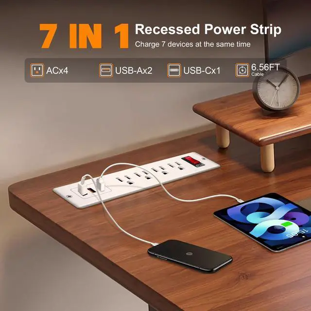 Alt view image 4 of 6 - 4 Outlets Recessed Power Strip with USB C 20W, Fast Charge Desktop Power Outlet Flush Mount Desk Extender 6.56 ft Extension Cord Plug in Furniture Conference Hotel