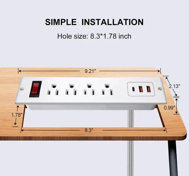 Alt view image 2 of 6 - 4 Outlets Recessed Power Strip with USB C 20W, Fast Charge Desktop Power Outlet Flush Mount Desk Extender 6.56 ft Extension Cord Plug in Furniture Conference Hotel