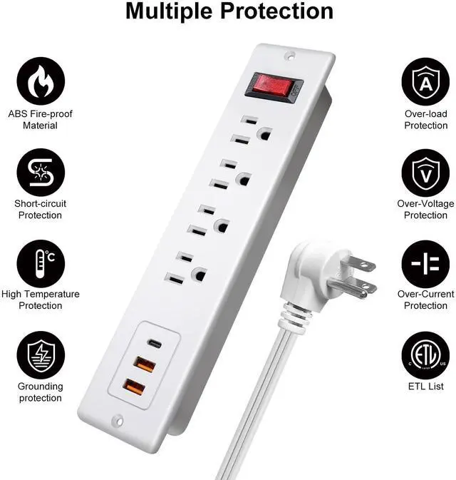 Alt view image 5 of 6 - 4 Outlets Recessed Power Strip with USB C 20W, Fast Charge Desktop Power Outlet Flush Mount Desk Extender 6.56 ft Extension Cord Plug in Furniture Conference Hotel
