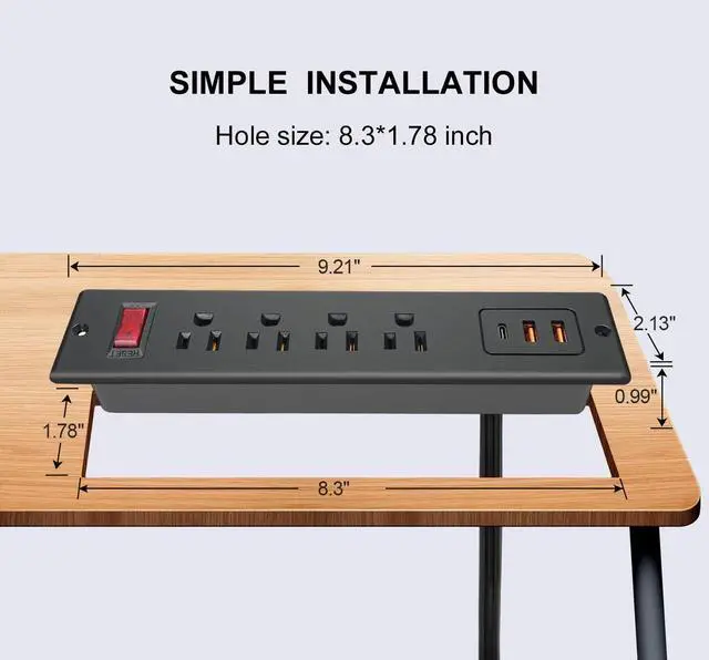 Alt view image 2 of 6 - 4 Outlets Recessed Power Strip with USB C 20W, Fast Charge Desktop Power Outlet Flush Mount Desk Extender 6.56 ft Extension Cord Plug in Furniture Conference Hotel
