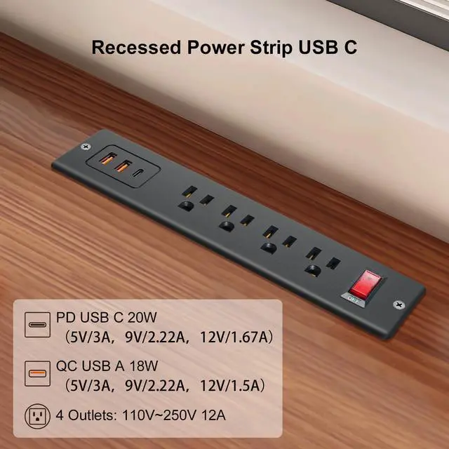 Alt view image 3 of 6 - 4 Outlets Recessed Power Strip with USB C 20W, Fast Charge Desktop Power Outlet Flush Mount Desk Extender 6.56 ft Extension Cord Plug in Furniture Conference Hotel