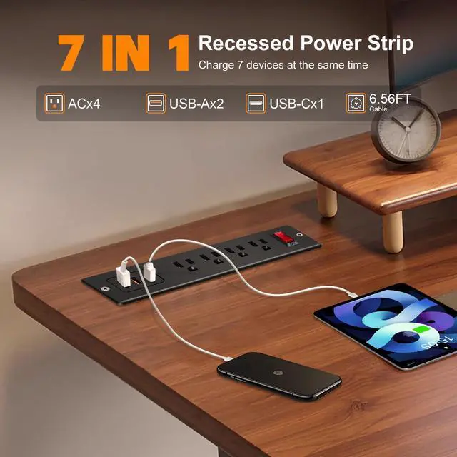 Alt view image 4 of 6 - 4 Outlets Recessed Power Strip with USB C 20W, Fast Charge Desktop Power Outlet Flush Mount Desk Extender 6.56 ft Extension Cord Plug in Furniture Conference Hotel