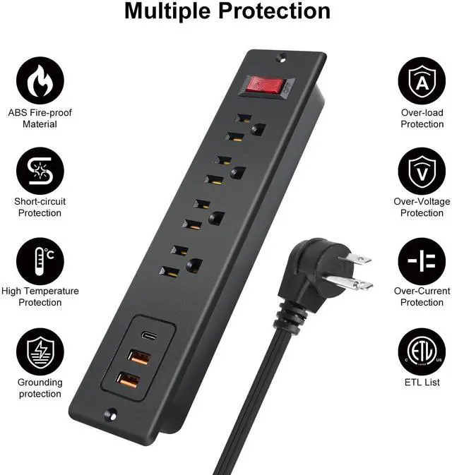 Alt view image 5 of 6 - 4 Outlets Recessed Power Strip with USB C 20W, Fast Charge Desktop Power Outlet Flush Mount Desk Extender 6.56 ft Extension Cord Plug in Furniture Conference Hotel
