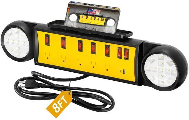 Main image of Power Strip for Garage with Lights,8ft Cord Workbench Power Station with Individual Switches & Rotating LED Lights, 1320J Surge Protection, Phone Holder | Ideal for Garage Workbench, Home & Office