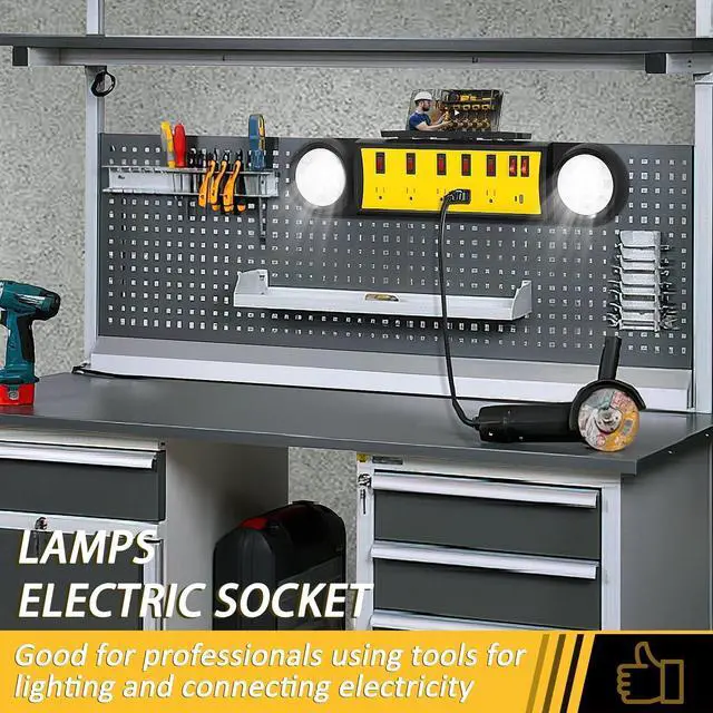 Alt view image 2 of 5 - Power Strip for Garage with Lights,8ft Cord Workbench Power Station with Individual Switches & Rotating LED Lights, 1320J Surge Protection, Phone Holder | Ideal for Garage Workbench, Home & Office