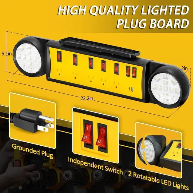 Alt view image 4 of 5 - Power Strip for Garage with Lights,8ft Cord Workbench Power Station with Individual Switches & Rotating LED Lights, 1320J Surge Protection, Phone Holder | Ideal for Garage Workbench, Home & Office
