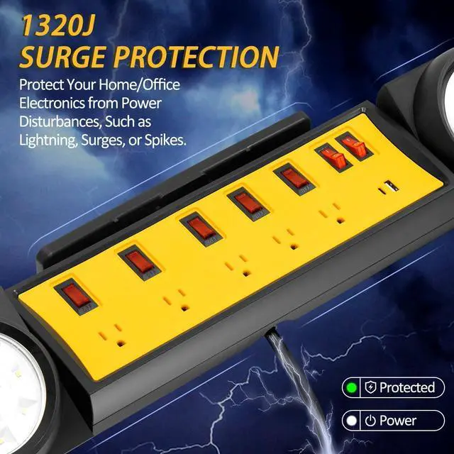 Alt view image 5 of 5 - Power Strip for Garage with Lights,8ft Cord Workbench Power Station with Individual Switches & Rotating LED Lights, 1320J Surge Protection, Phone Holder | Ideal for Garage Workbench, Home & Office