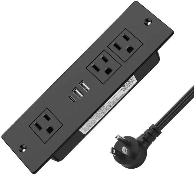 Main image of Recessed Power Strip, Furniture Drawer Outlet with 20W PD USB-C & 18W QC3.0 USB-A, Plug in 3 Outlets & USB Ports, Flush Mount 3FT Flat Extension Cord Conference Desk Outlets Black