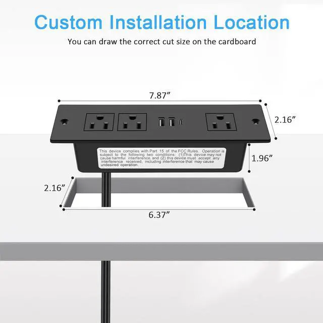 Alt view image 4 of 7 - Recessed Power Strip, Furniture Drawer Outlet with 20W PD USB-C & 18W QC3.0 USB-A, Plug in 3 Outlets & USB Ports, Flush Mount 3FT Flat Extension Cord Conference Desk Outlets Black