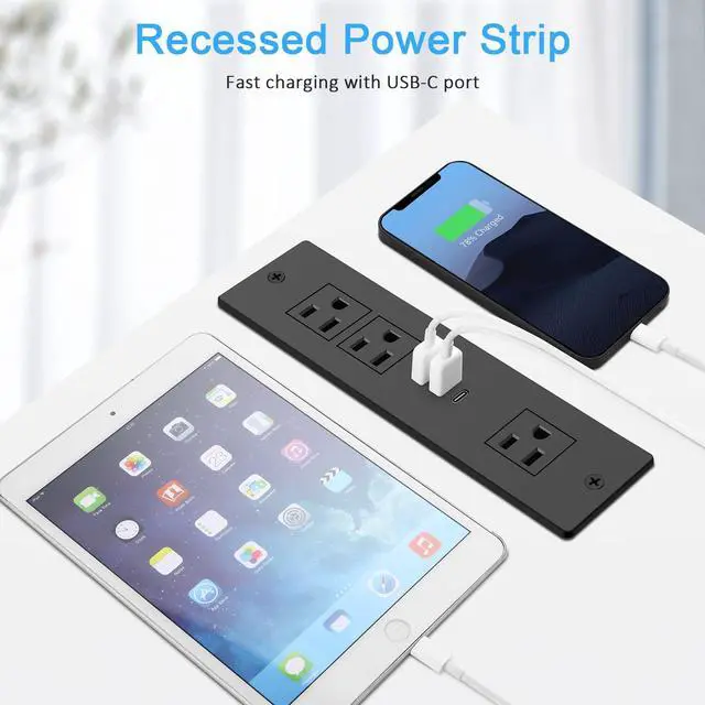 Alt view image 5 of 7 - Recessed Power Strip, Furniture Drawer Outlet with 20W PD USB-C & 18W QC3.0 USB-A, Plug in 3 Outlets & USB Ports, Flush Mount 3FT Flat Extension Cord Conference Desk Outlets Black