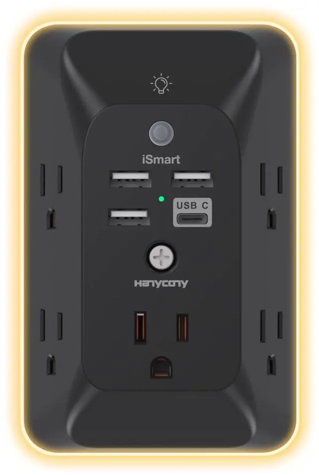Main image of Black Outlet Extender with Night Light, HANYCONY Multi Plug Outlet, USB Wall Charger Surge Protector 4 USB Charging Port(1USB C), Power Strip Electrical Outlet Splitter Expander for Office Dorm Room