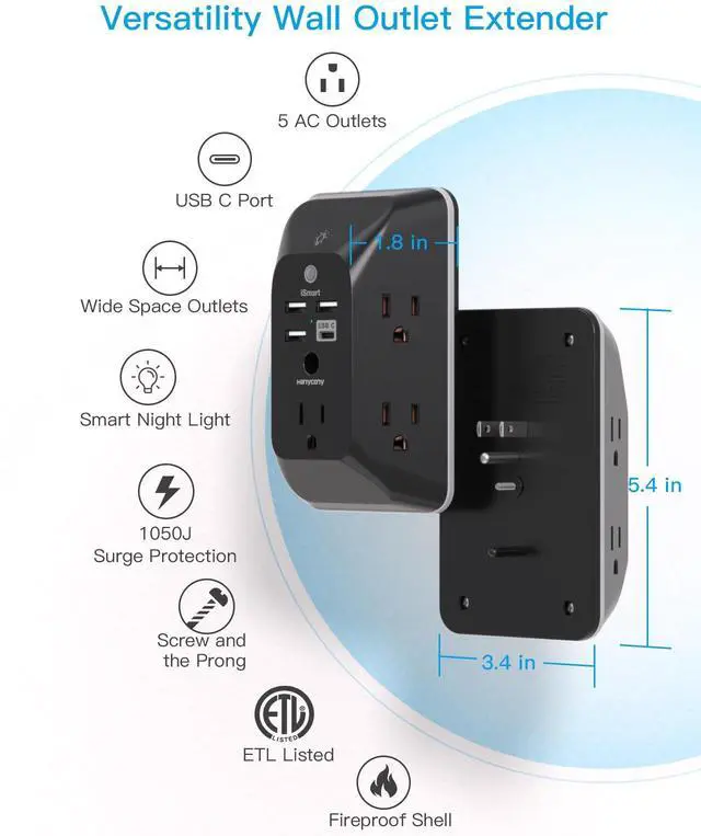 Alt view image 5 of 7 - Black Outlet Extender with Night Light, HANYCONY Multi Plug Outlet, USB Wall Charger Surge Protector 4 USB Charging Port(1USB C), Power Strip Electrical Outlet Splitter Expander for Office Dorm Room