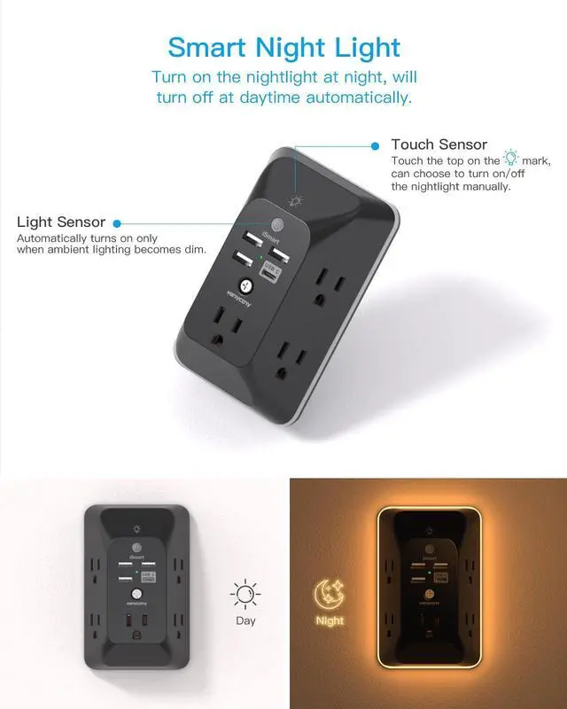 Alt view image 2 of 7 - Black Outlet Extender with Night Light, HANYCONY Multi Plug Outlet, USB Wall Charger Surge Protector 4 USB Charging Port(1USB C), Power Strip Electrical Outlet Splitter Expander for Office Dorm Room