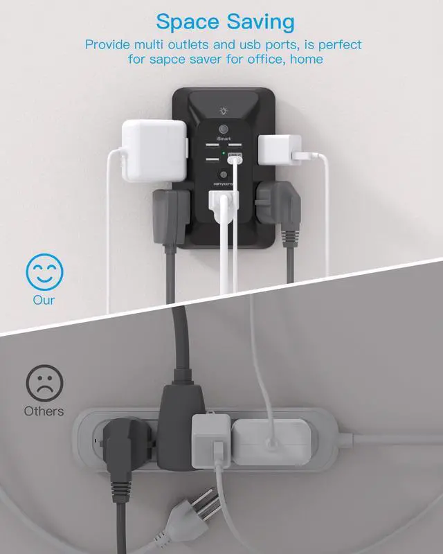 Alt view image 6 of 7 - Black Outlet Extender with Night Light, HANYCONY Multi Plug Outlet, USB Wall Charger Surge Protector 4 USB Charging Port(1USB C), Power Strip Electrical Outlet Splitter Expander for Office Dorm Room