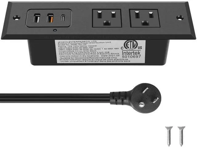 Main image of Recessed Power Strip with 20W USB C Port, Fast Charging USB A Port Desk Outlet, Furniture Hidden Charging Station for Side Table, End Table, with 6FT 45 Degree Flat Plug Extension Cord, Black