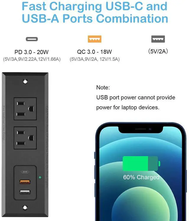Alt view image 2 of 7 - Recessed Power Strip with 20W USB C Port, Fast Charging USB A Port Desk Outlet, Furniture Hidden Charging Station for Side Table, End Table, with 6FT 45 Degree Flat Plug Extension Cord, Black