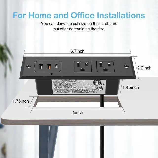Alt view image 3 of 7 - Recessed Power Strip with 20W USB C Port, Fast Charging USB A Port Desk Outlet, Furniture Hidden Charging Station for Side Table, End Table, with 6FT 45 Degree Flat Plug Extension Cord, Black