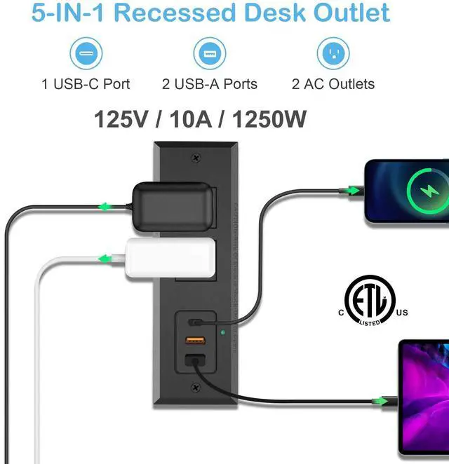 Alt view image 4 of 7 - Recessed Power Strip with 20W USB C Port, Fast Charging USB A Port Desk Outlet, Furniture Hidden Charging Station for Side Table, End Table, with 6FT 45 Degree Flat Plug Extension Cord, Black
