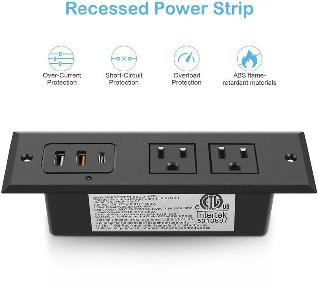 Alt view image 6 of 7 - Recessed Power Strip with 20W USB C Port, Fast Charging USB A Port Desk Outlet, Furniture Hidden Charging Station for Side Table, End Table, with 6FT 45 Degree Flat Plug Extension Cord, Black