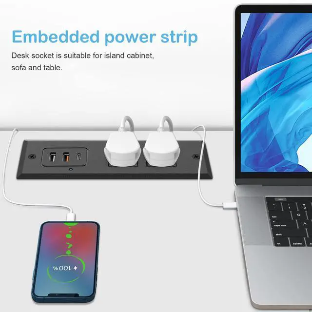 Alt view image 7 of 7 - Recessed Power Strip with 20W USB C Port, Fast Charging USB A Port Desk Outlet, Furniture Hidden Charging Station for Side Table, End Table, with 6FT 45 Degree Flat Plug Extension Cord, Black