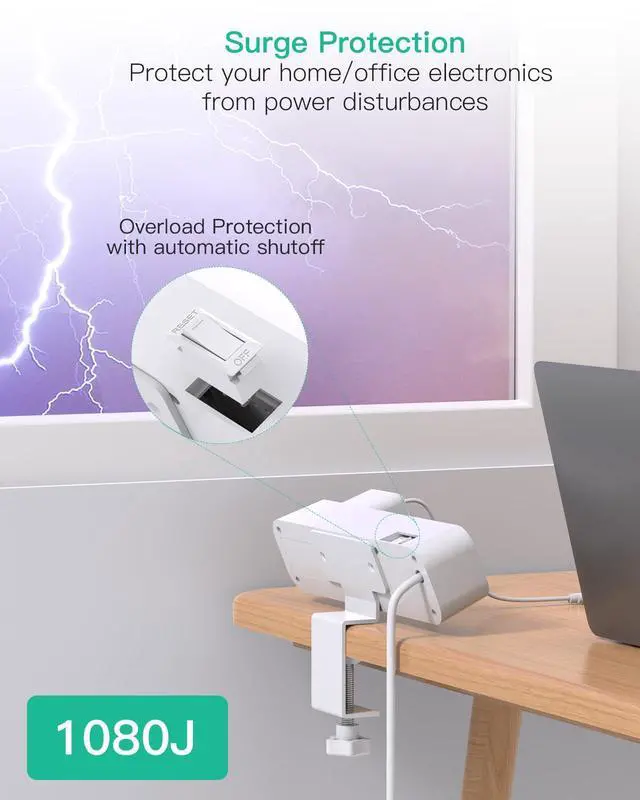 Alt view image 7 of 7 - PD30W Desk Clamp Power Strip, Desktop Mount Surge Protector, Fast Charging Station, 5Ft Extension Cord Desk Edge Mount Shelf with 4 Outlets 4 USB Ports (2 USB C), Home Office Accessories Essentials