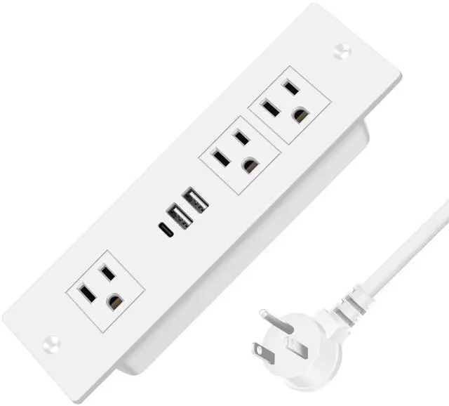 Main image of Recessed Power Strip, Furniture Drawer Outlet with 20W PD USB-C & 18W QC3.0 USB-A, Plug in 3 Outlets & USB Ports, Flush Mount 3FT Flat Extension Cord Conference Desk Outlets White
