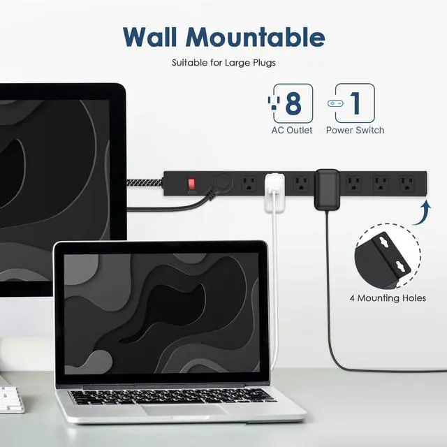 Alt view image 2 of 7 - 8 Outlet Power Strip - Metal Power Strip with Switch,Wide Spaced Moutable Surge Protector 1200J,6ft 14Awg Braided Cord,Home Office Industrial Garage Commercial