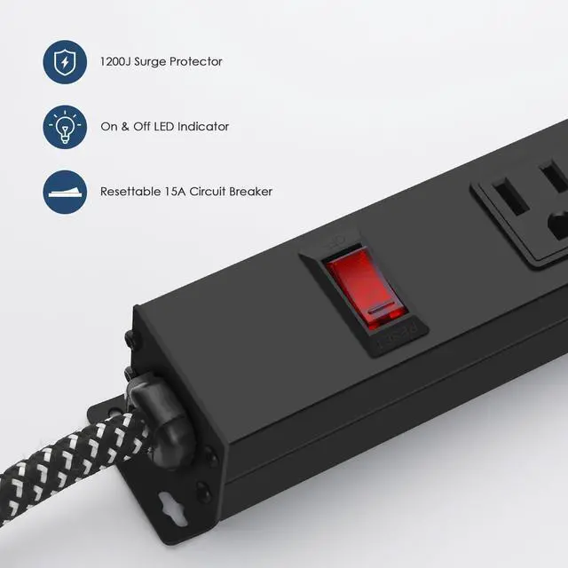 Alt view image 4 of 7 - 8 Outlet Power Strip - Metal Power Strip with Switch,Wide Spaced Moutable Surge Protector 1200J,6ft 14Awg Braided Cord,Home Office Industrial Garage Commercial